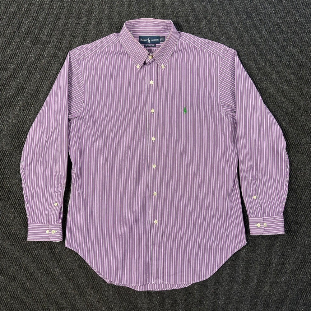 Polo Ralph Lauren Dress Shirt Mens 16 32/33 Classic Fit Purple Striped Pony Logo